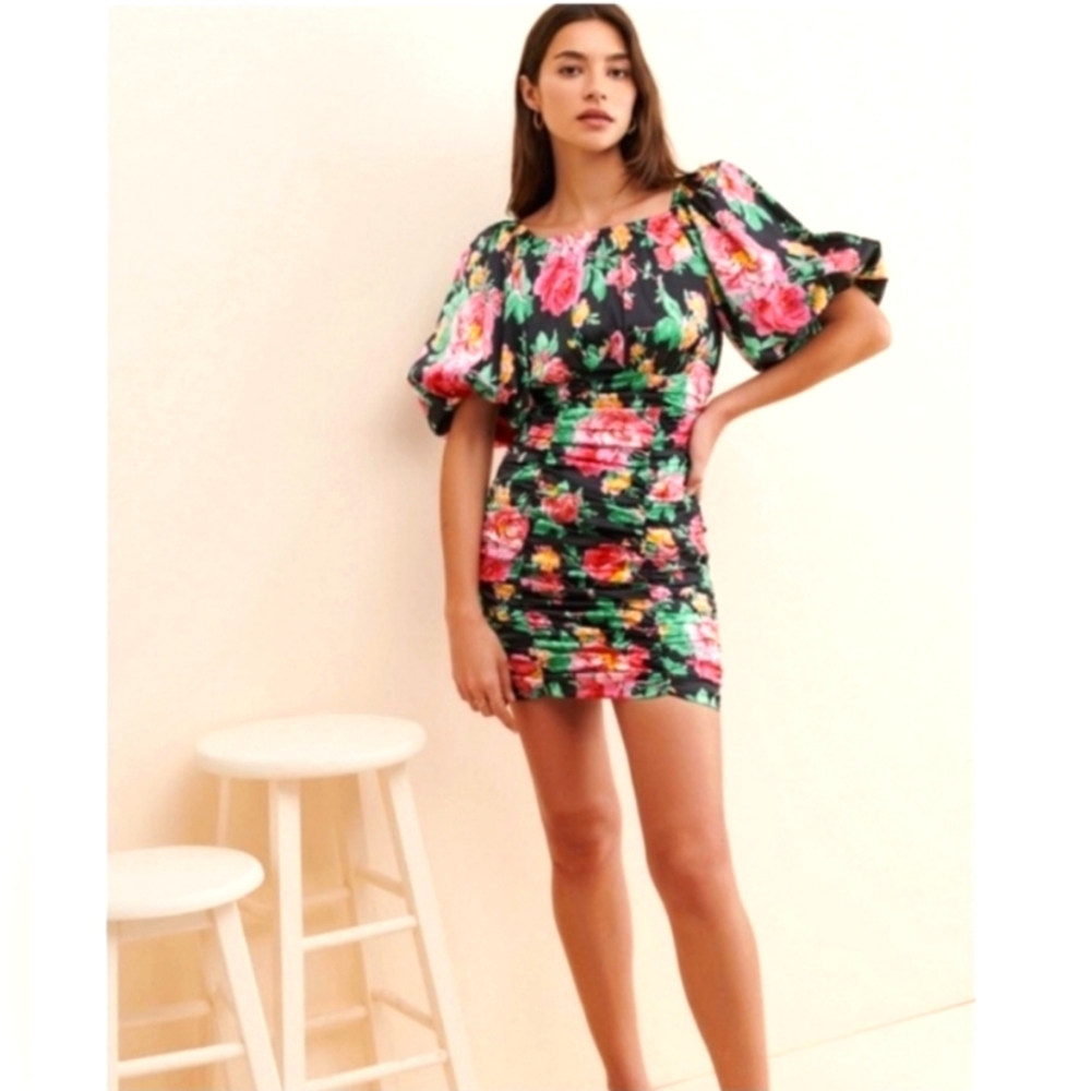 For Love And Lemons Jolie Mini Dress Puff Sleeve Floral Black